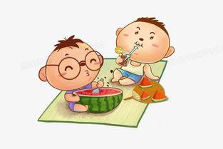 手绘吃瓜男孩女孩,夏日街头趣味瞬间